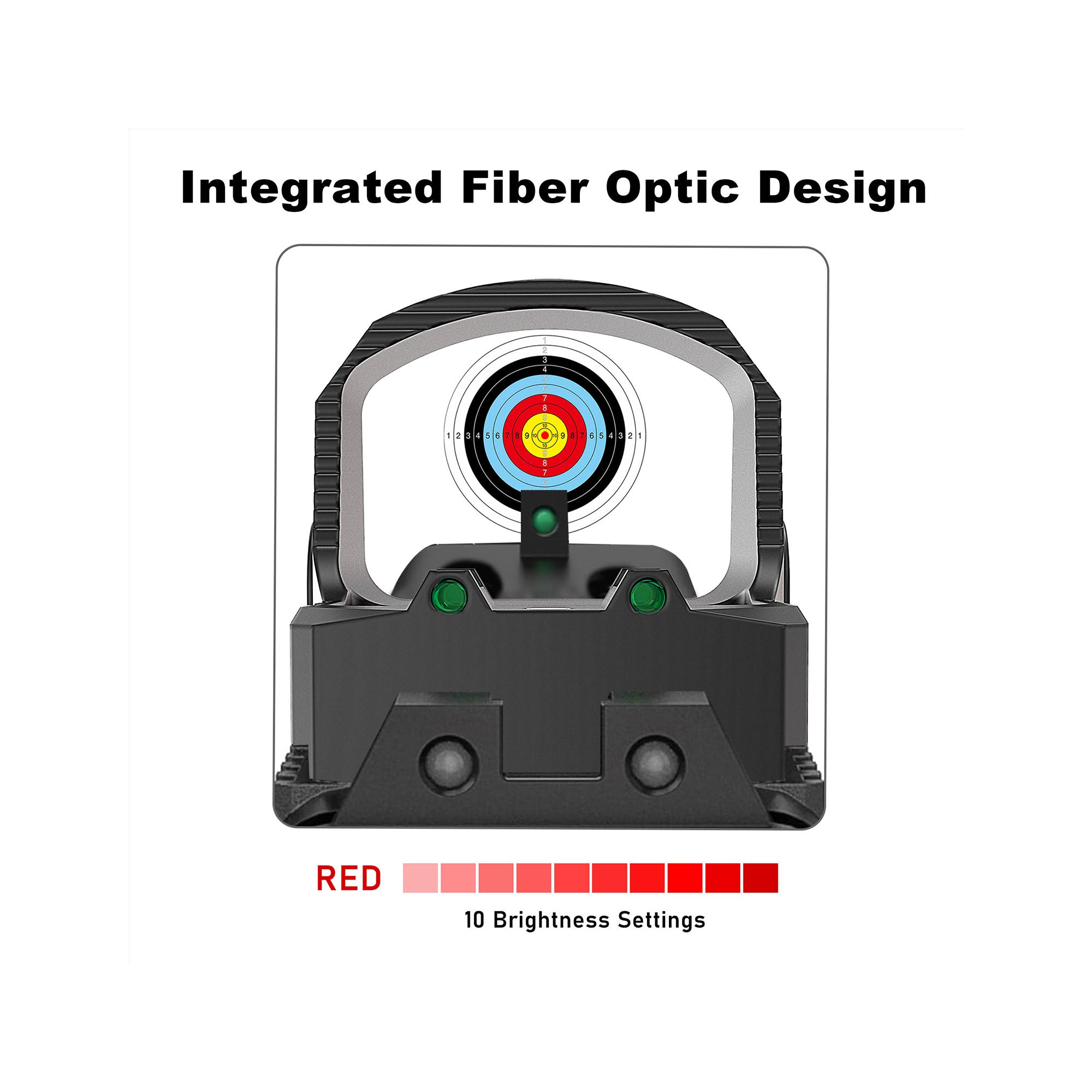 UUQ R26 RMS/RMSc red dot sight showcasing integrated fiber optic design and 10 brightness settings.
