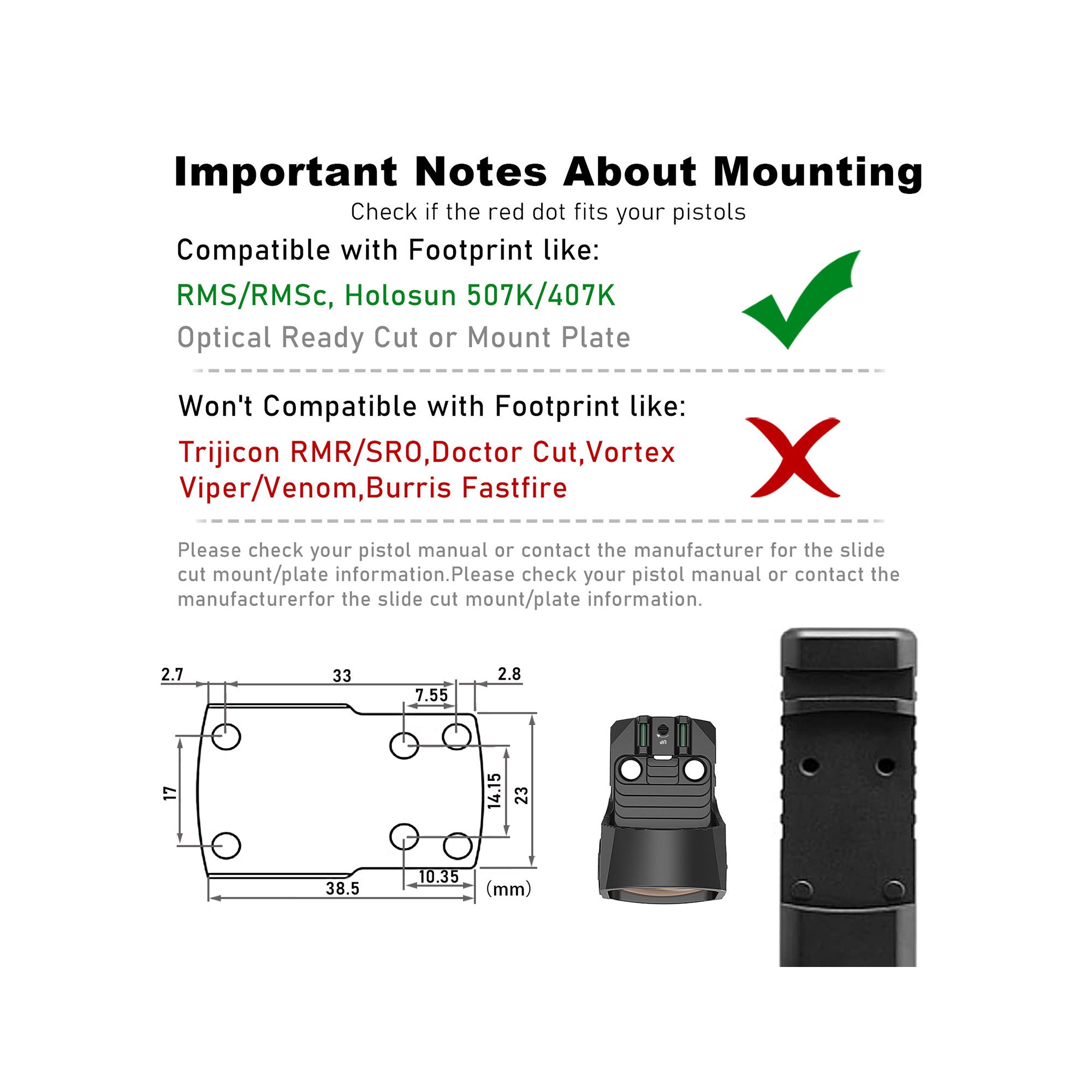 UUQ R26 RMS/RMSc red dot sight mounting compatibility notes, compatible with RMS/RMSc, Holosun 507K/407K, not compatible with Trijicon RMR/SRO, Doctor Cut, Vortex Viper/Venom, Burris Fastfire.
