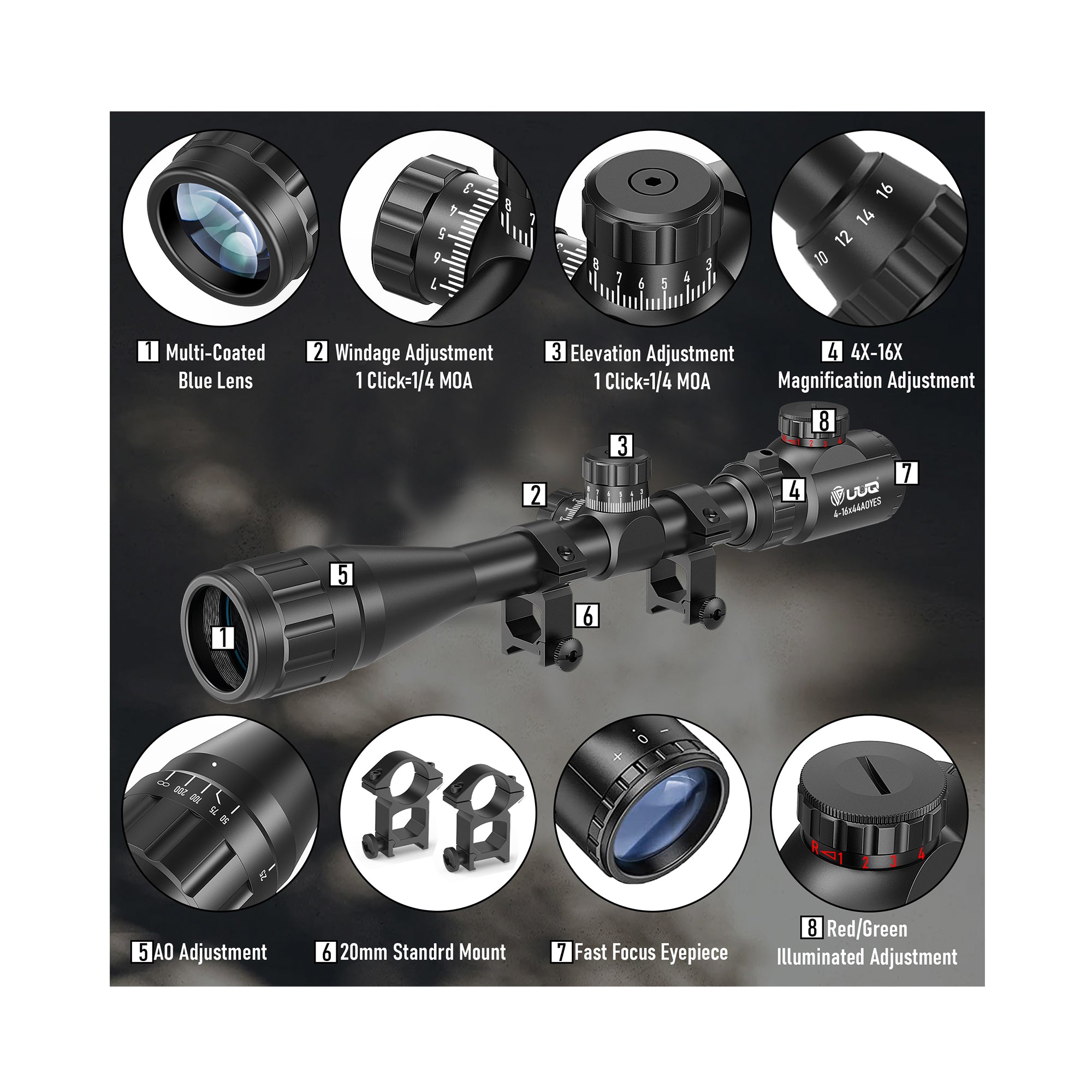 UUQ scope features display, including multi-coated lens, windage and elevation adjustment, magnification adjustment, etc.
