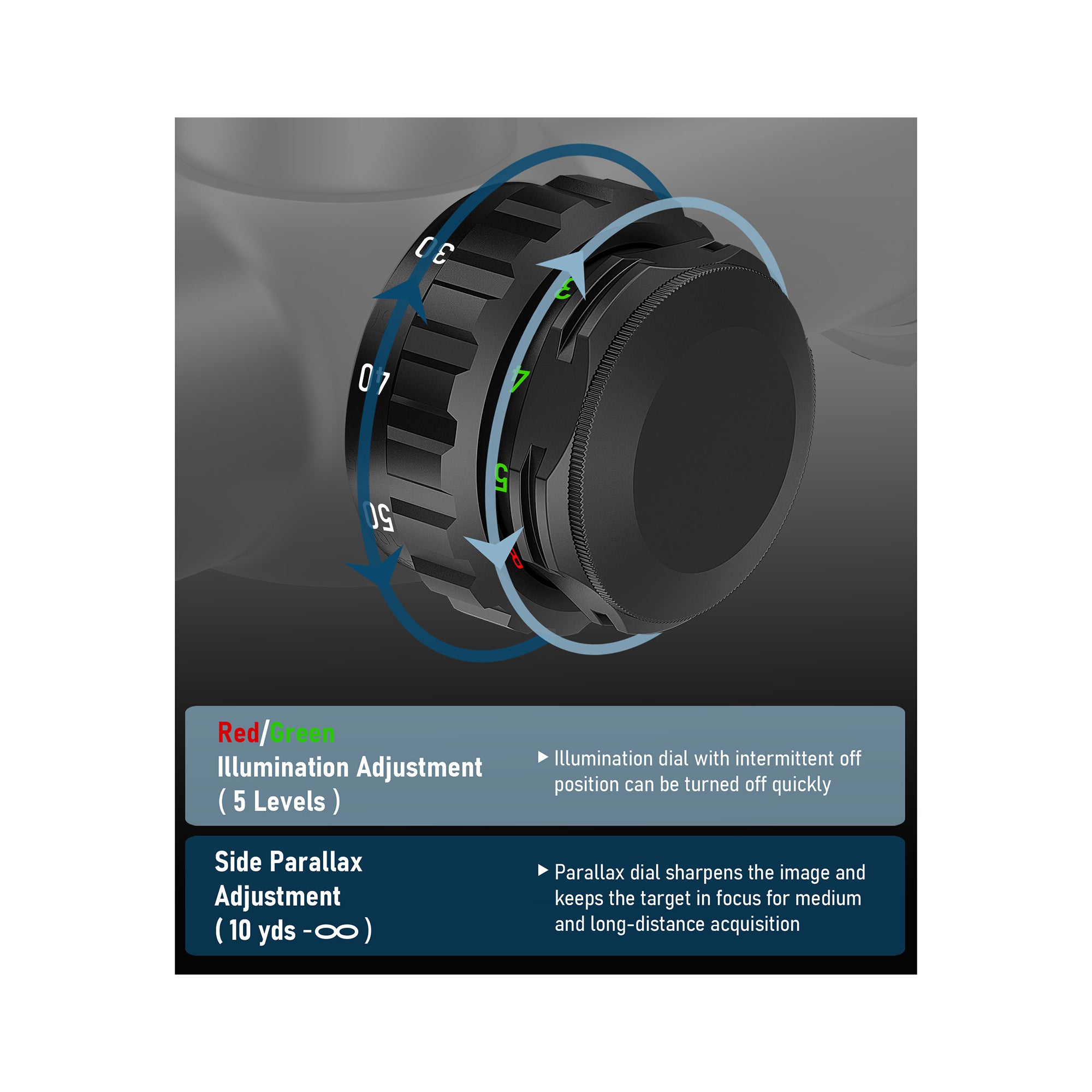 UUQ scope red/green illumination and side parallax adjustment
