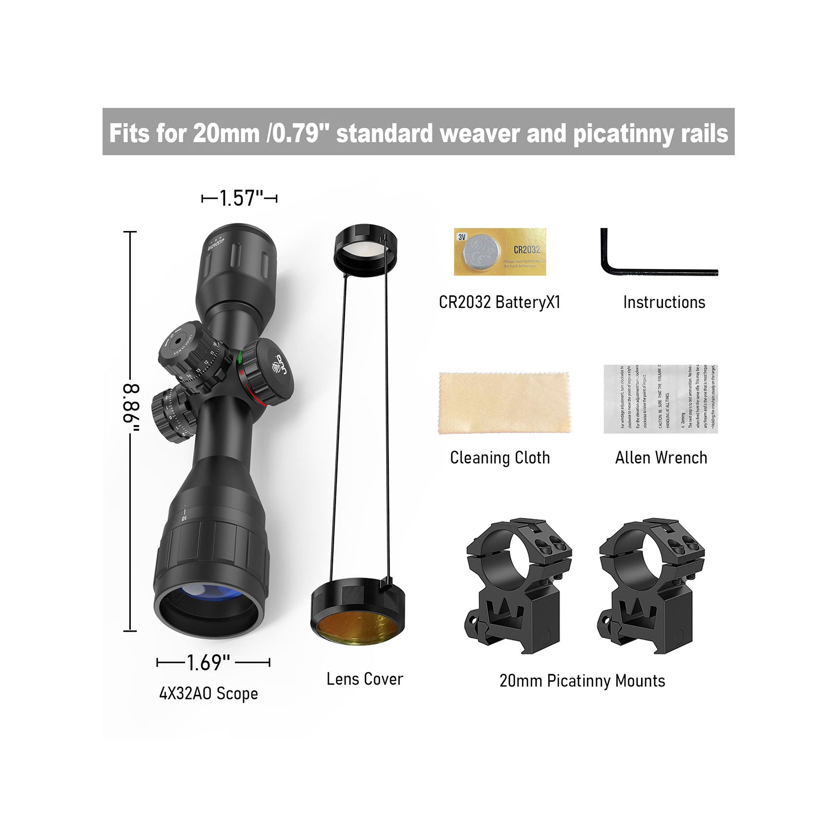 The 4X32AO scope package includes a lens cover, CR2032 battery, instructions, cleaning cloth, Allen wrench, and two 20mm Picatinny mounts.