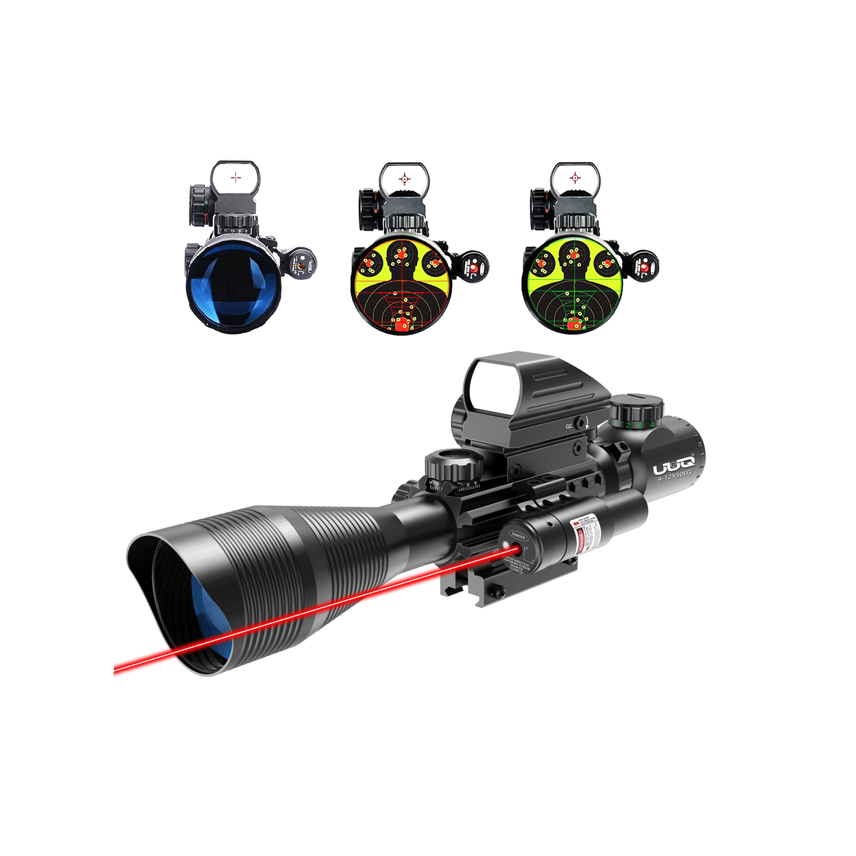 Legion 4-12x50 3 in 1 Combo Scope with Red Laser, featuring multiple reticle views and tactical rifle optic setup.