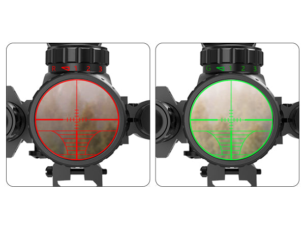 Display showing UUQ 4-12X50 AO scope with red and green illuminated range finder reticle, featuring 5 brightness levels.