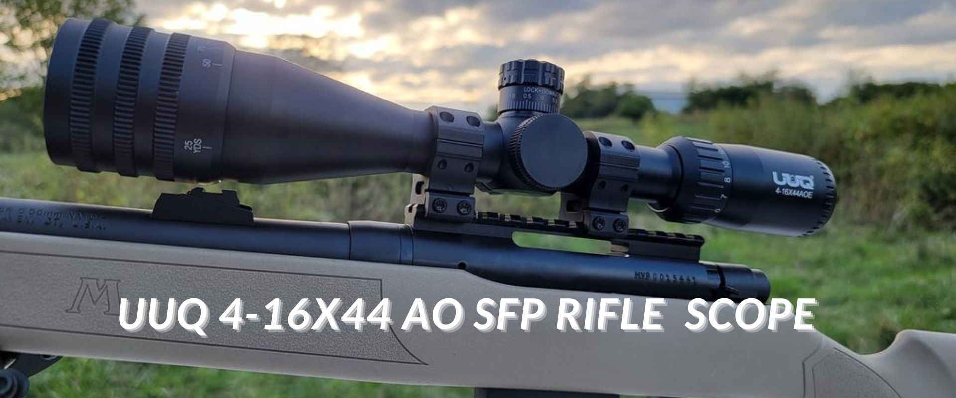 UUQ 4-16X44 AO SFP rifle scope mounted on a rifle
