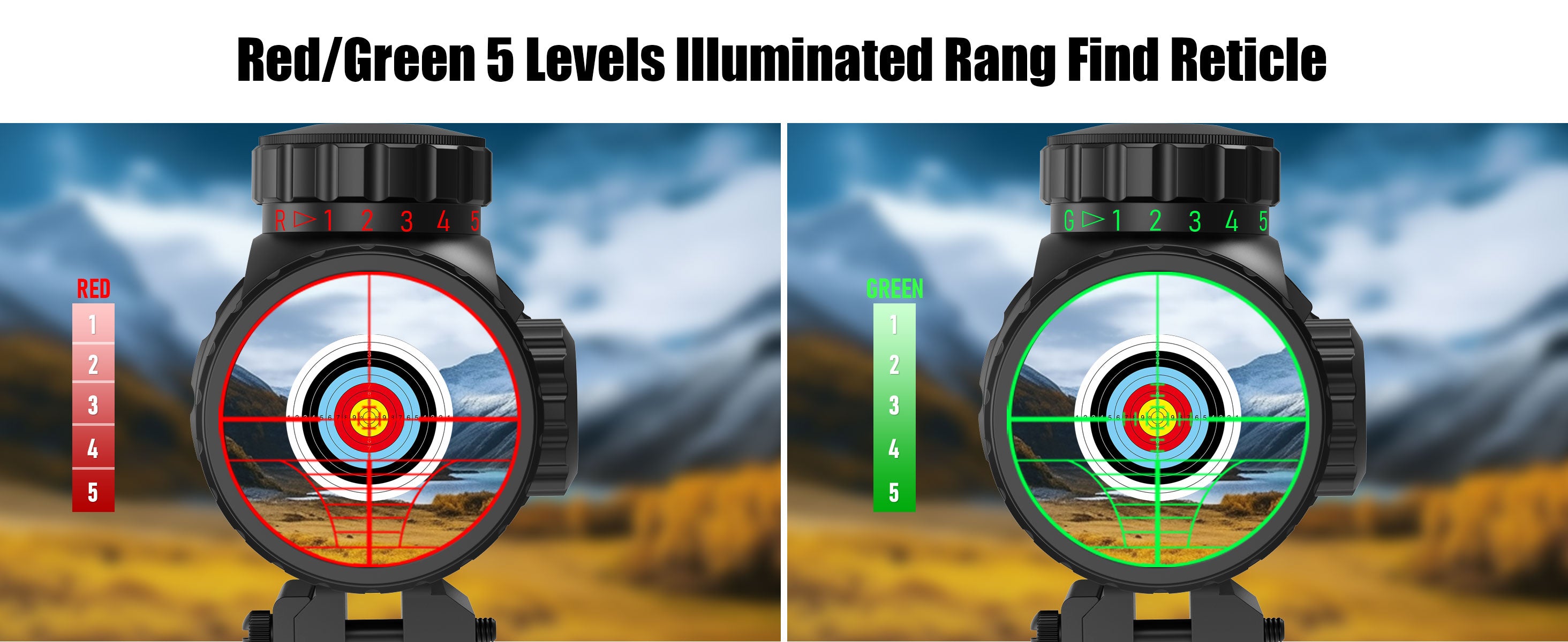 Display showing the red and green 5 levels brightness adjustment feature of UUQ 4-12X50 AO Scope, with two separate scope views.