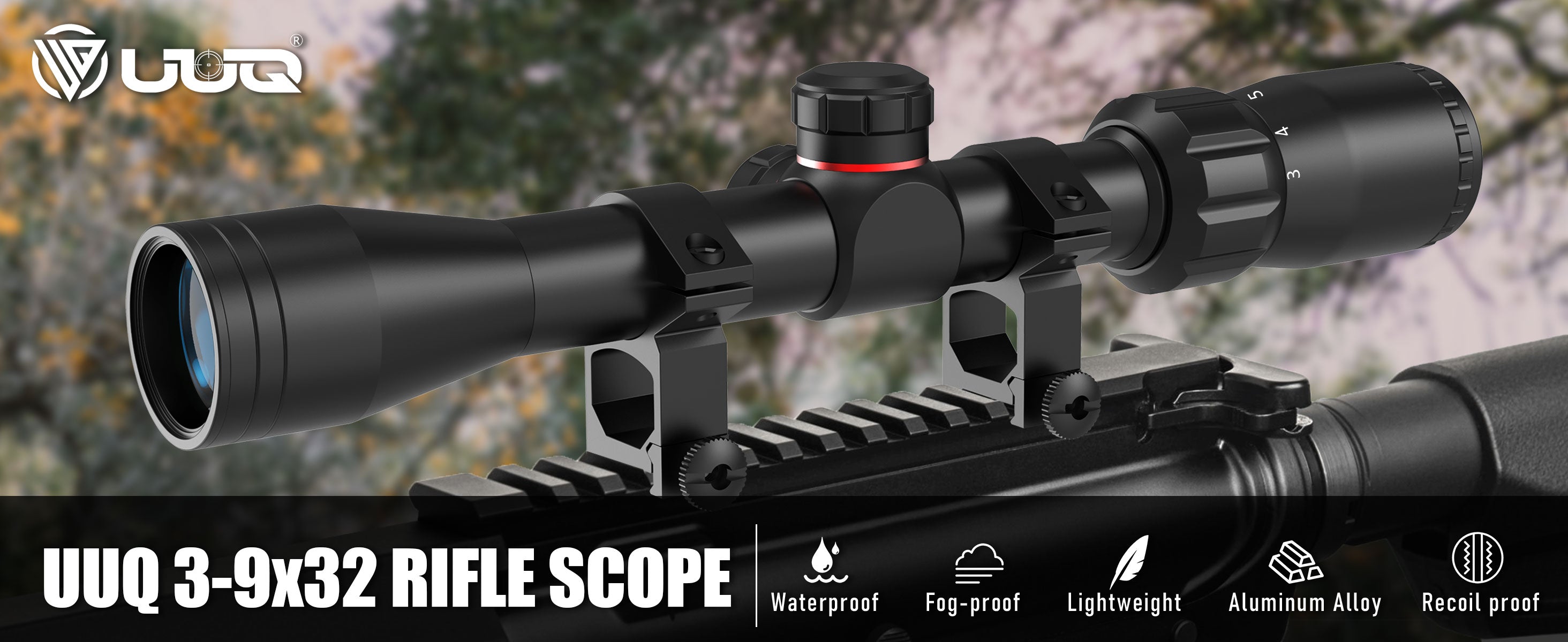 UUQ 3-9x32mm rifle scope mounted on a rifle, featuring waterproof, fog-proof, lightweight, aluminum alloy construction, and recoil-proof characteristics.