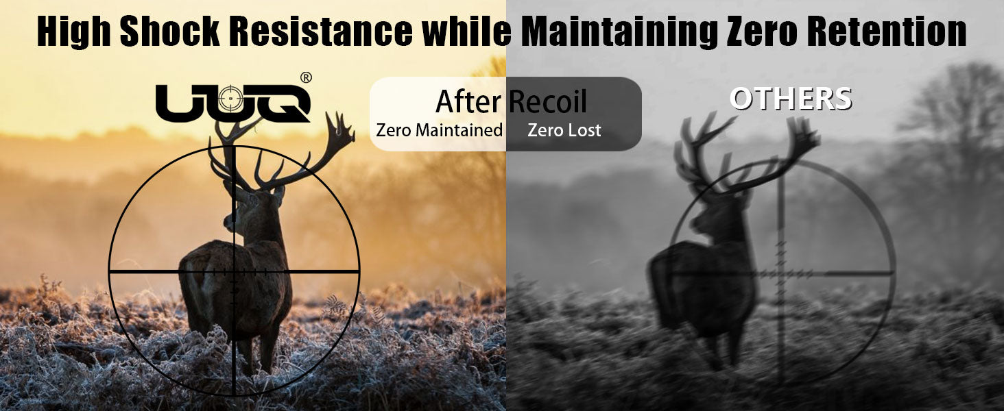 Comparison of UUQ VibeShield Series Rifle Scope and other brands under high recoil, showing zero retention accuracy after recoil.