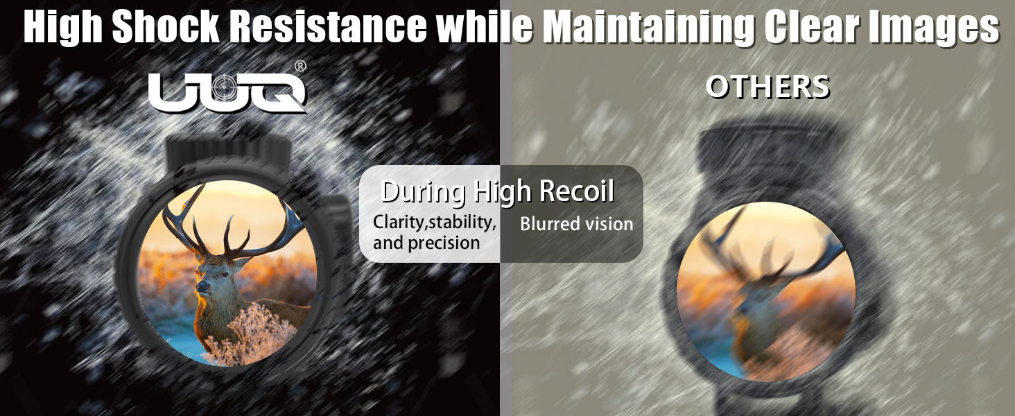 Comparison of UUQ VibeShield Series Rifle Scope and other brands under high recoil, showing clear, stable, and precise images.