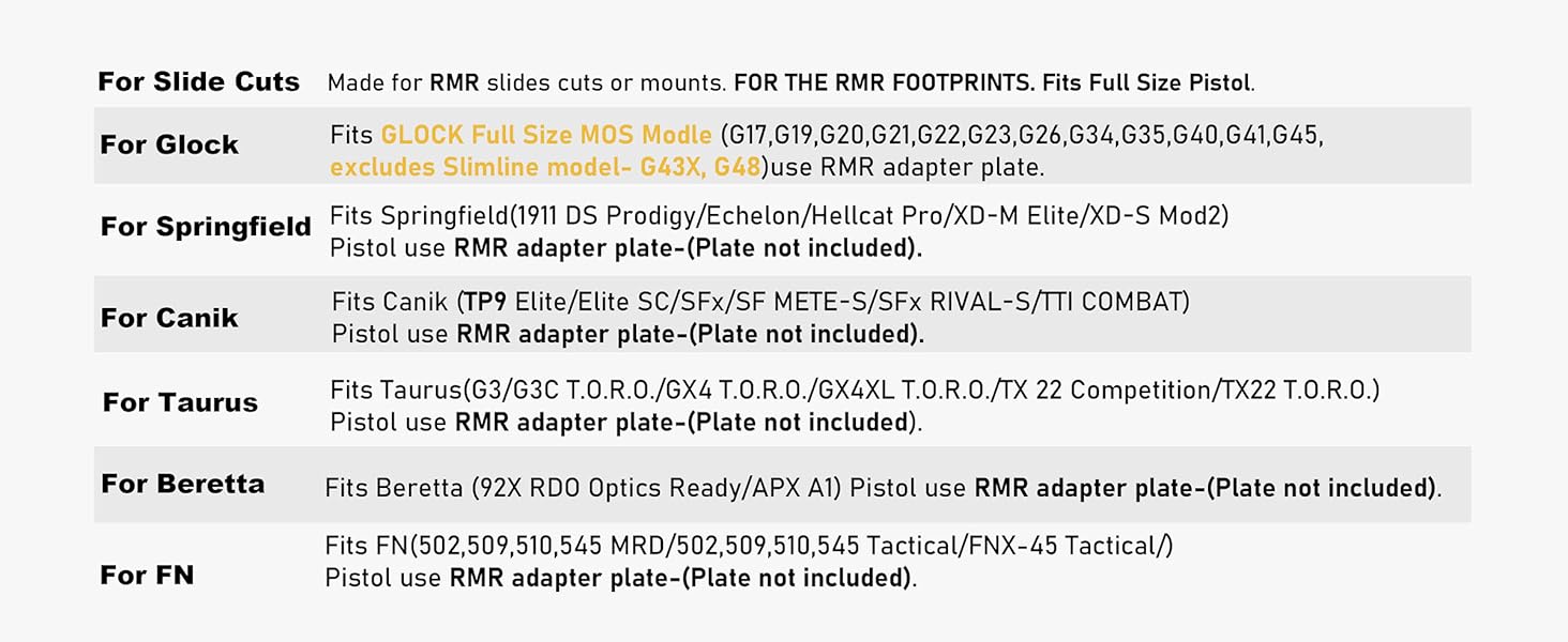 UUQ red dot sight compatible pistols list, suitable for Glock, Springfield, Canik, Taurus, Beretta, and FN full-size pistols, requiring RMR adapter plate (not included).