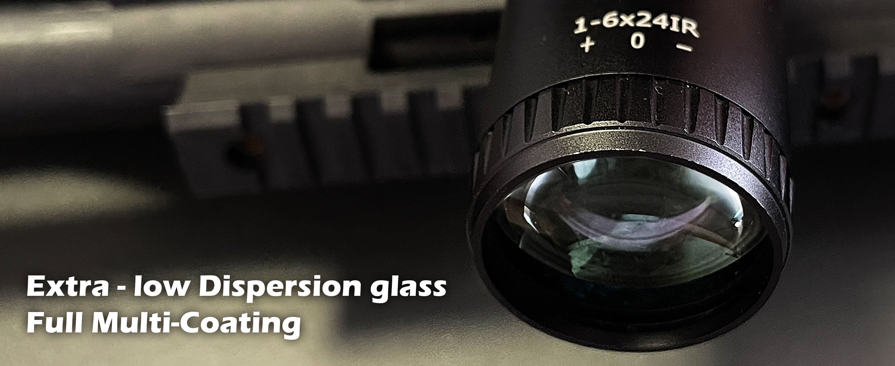 Close-up of the UUQ Aspire ED 1-6x24IR scope ED lens, highlighting the extra-low dispersion glass and full multi-coating technology.
