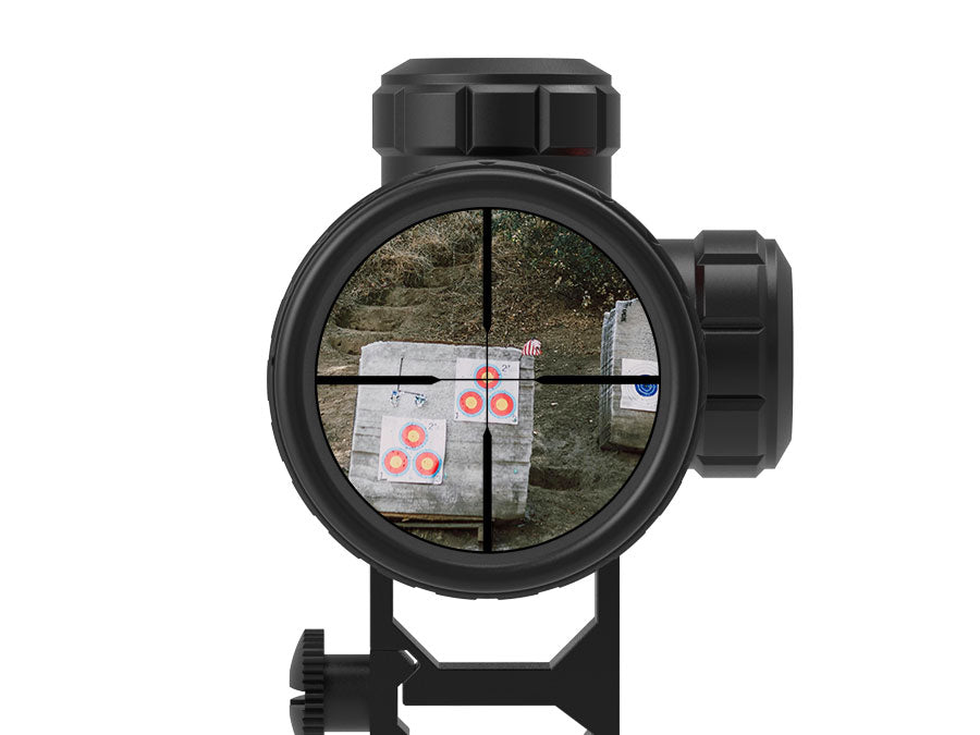 UUQ 3-9x32mm rifle scope view through the eyepiece, showcasing its multilayer coatings that enhance optical performance, durability, and adaptability.