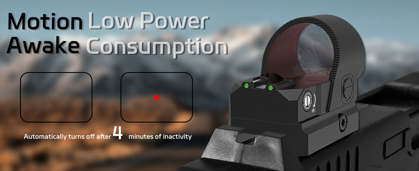 UUQ Eagle C28F Fiber Red Dot Sight showcasing its motion low power awake function, with a blurred mountain background. Automatically turns off after 4 minutes of inactivity.
