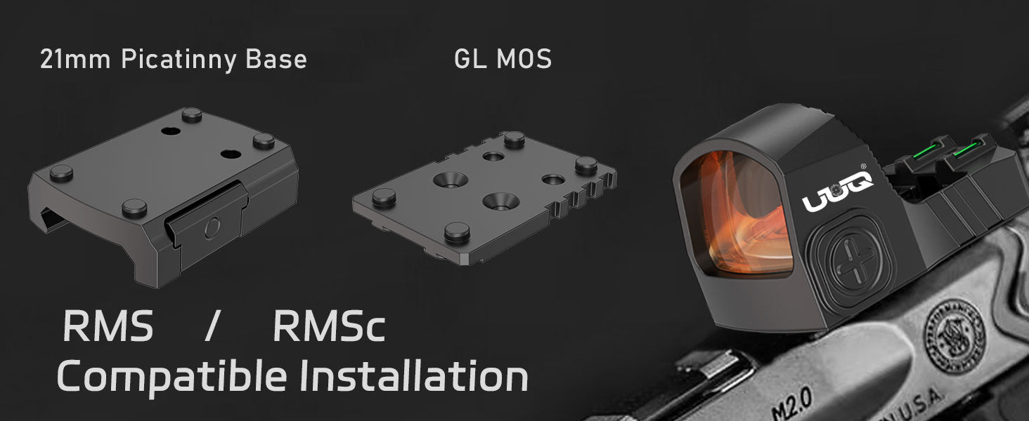 Showcasing UUQ Mini Reflex RMS/RMSc Red Dot Sight with 21mm Picatinny base and GL MOS mounting plate, compatible with RMS and RMSc installations.
