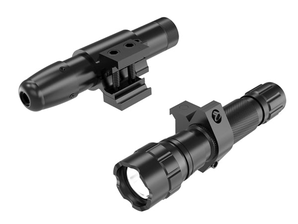 Display showing the laser and flashlight of the UUQ 4-12X50 AO scope, including laser class 3R(IIIa), laser distance 300-500 yards, flashlight with five adaptable settings, and 600 lumen illumination.