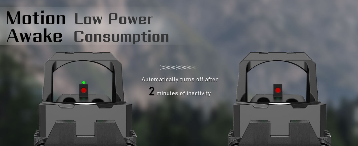 UUQ Green Dot Sight showcasing low power motion awake feature, automatically turns off after 2 minutes of inactivity, mountain background