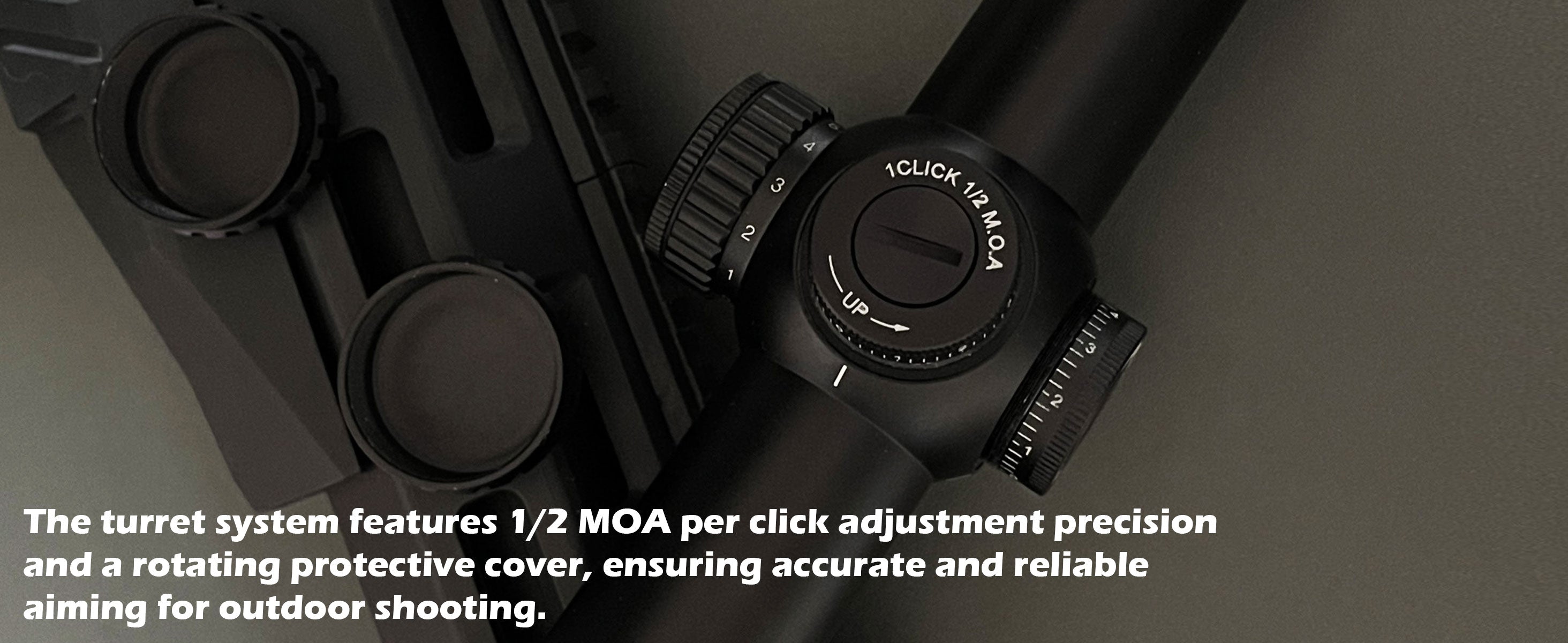 Close-up of the precise adjustment turret on the UUQ Aspire ED 1-12x24 SFP LPVO scope, featuring 1/2 MOA per click adjustment precision and a rotating protective cover, ensuring accurate and reliable aiming for outdoor shooting.