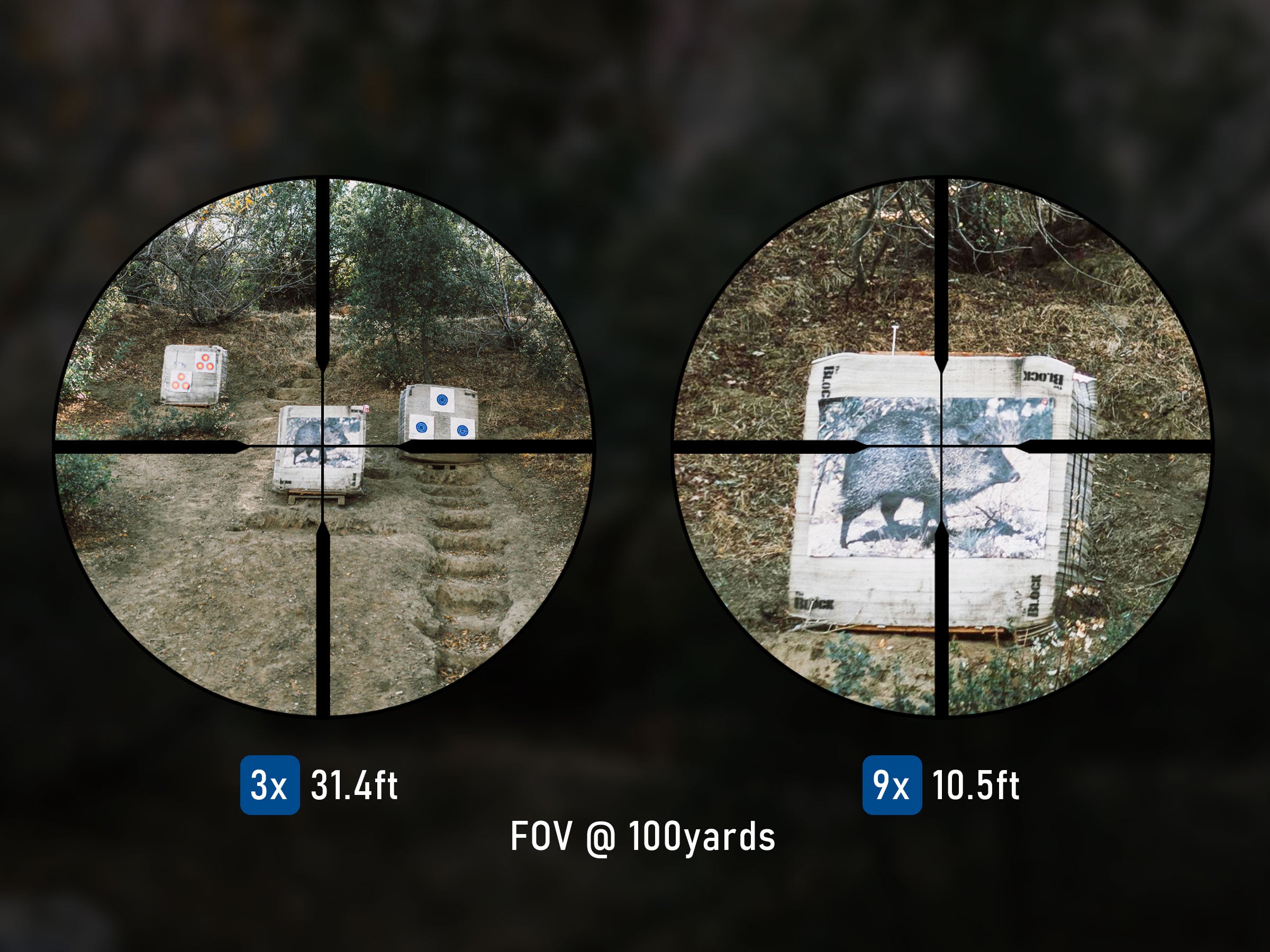 View through the UUQ 3-9x32mm rifle scope, illustrating the field of view at 3x and 9x magnification, along with the crosshair duplex reticle features.