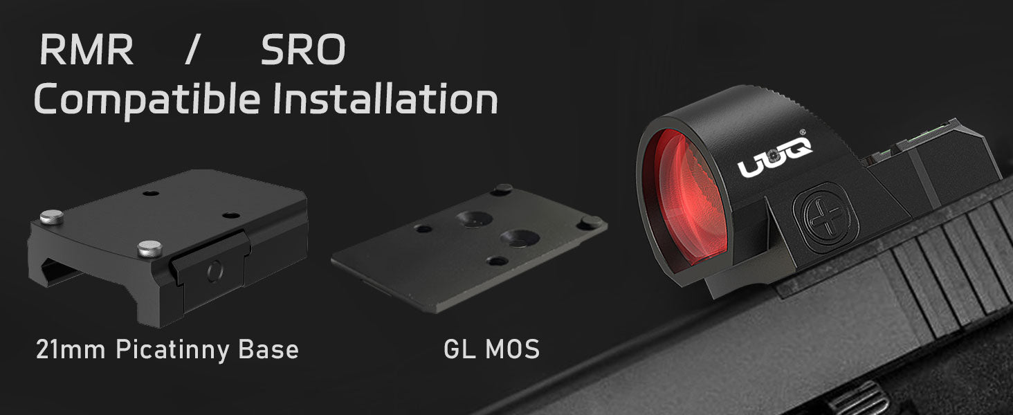UUQ Eagle C28F Fiber Red Dot Sight showcasing its compatible installation with RMR/SRO, including a 21mm Picatinny base and GL MOS mounting plate.