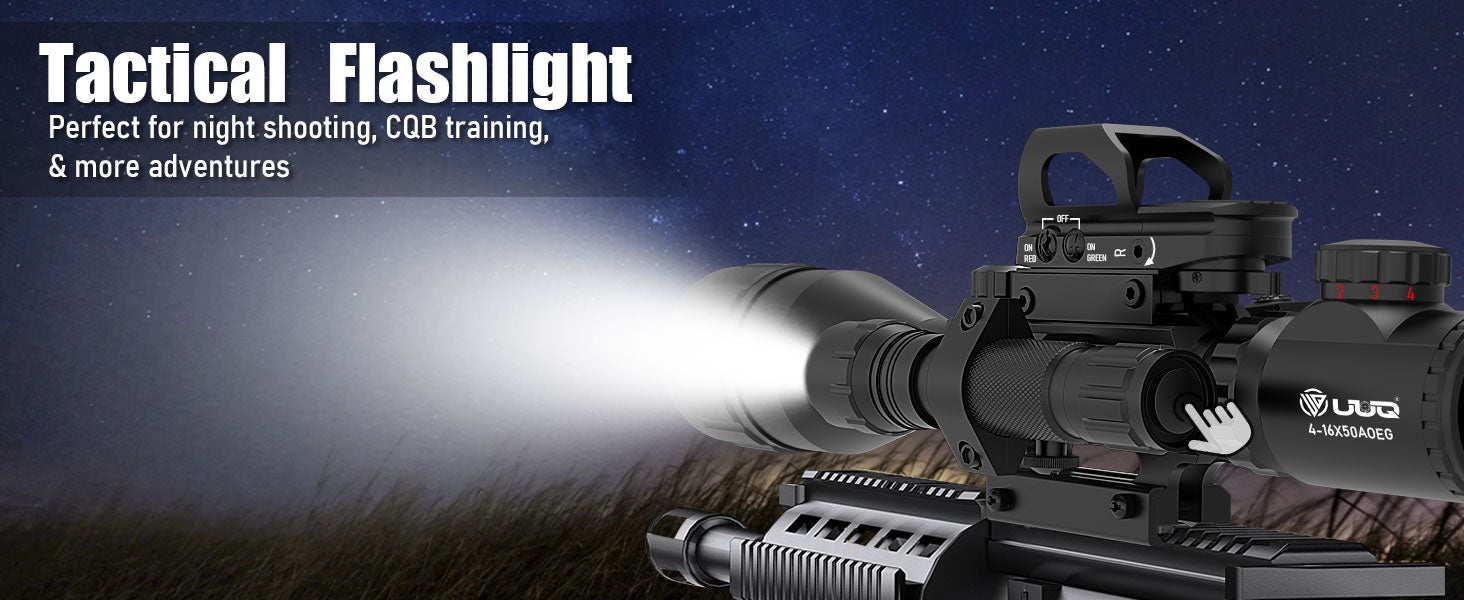 Display showing the tactical flashlight of the UUQ 4-16X50 AO 4 in 1 Combo Scope, featuring 5 modes, perfect for night shooting, CQB training, and more adventures.