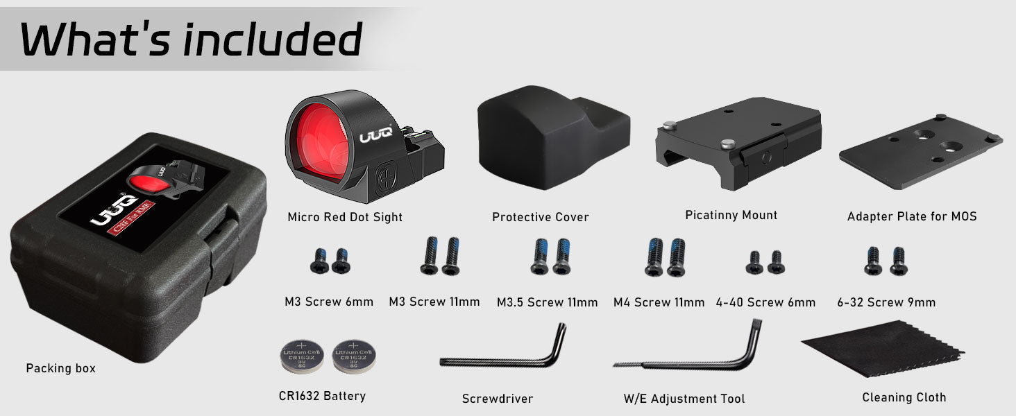 UUQ Red Dot Sight package contents, including the red dot sight, protective cover, adapter plate, screw set, hex wrenches, CR1632 battery, cleaning cloth, and storage case.