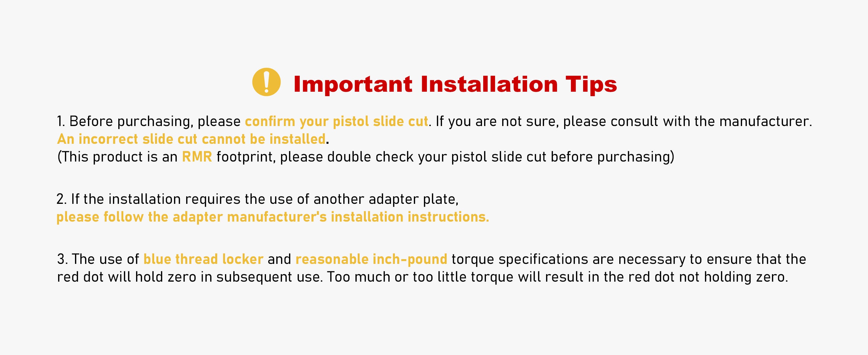 Important installation tips for UUQ red dot sights, including confirming pistol slide cut, following adapter manufacturer's instructions, and using blue thread locker with reasonable inch-pound torque specifications.