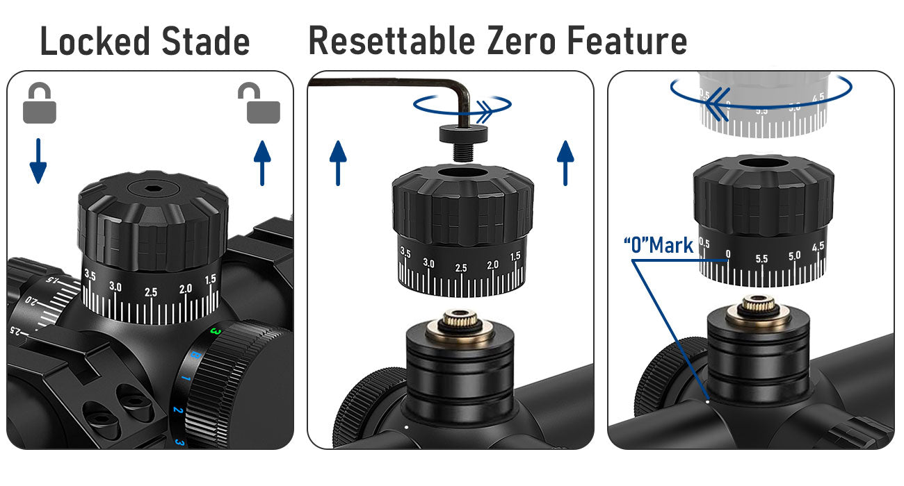 Scope with lockable and resettable zero feature, prevents accidental movement.