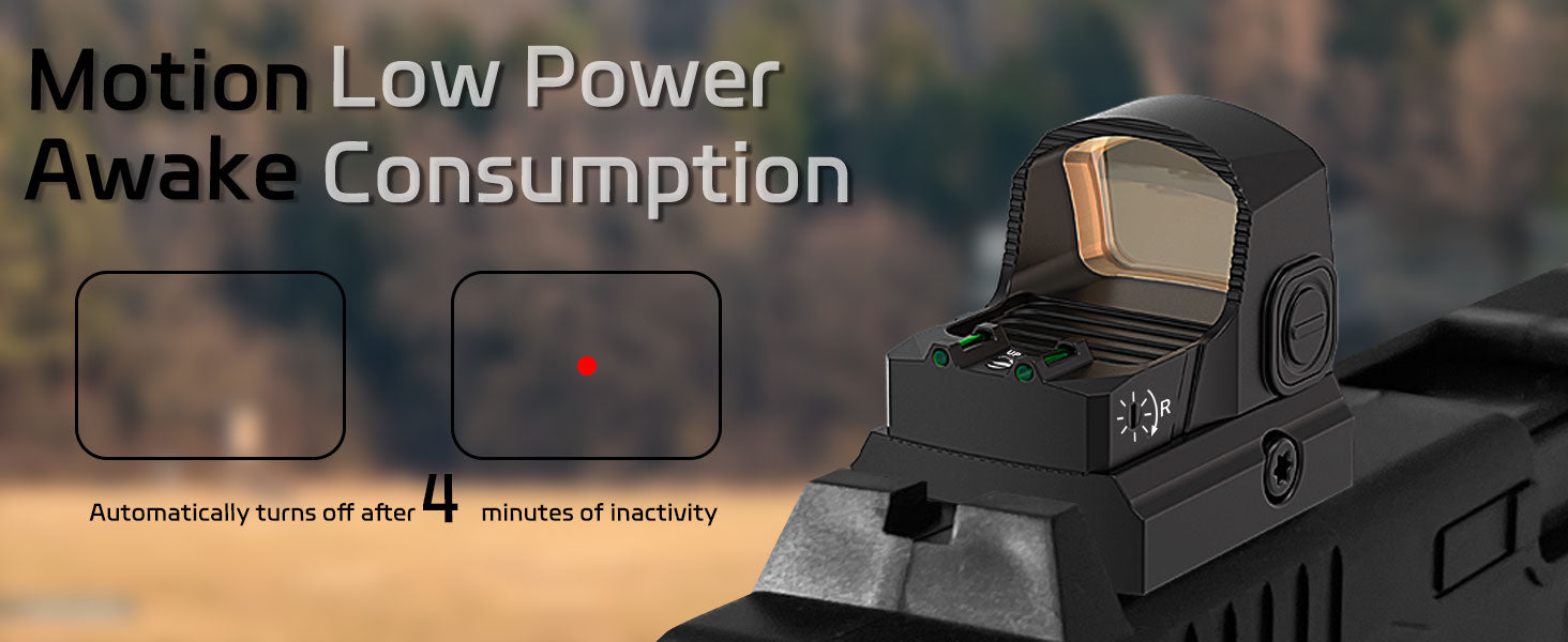 Showcasing UUQ Mini Reflex RMS/RMSc Red Dot Sight with low power auto awake feature, automatically turns off after 4 minutes of inactivity.