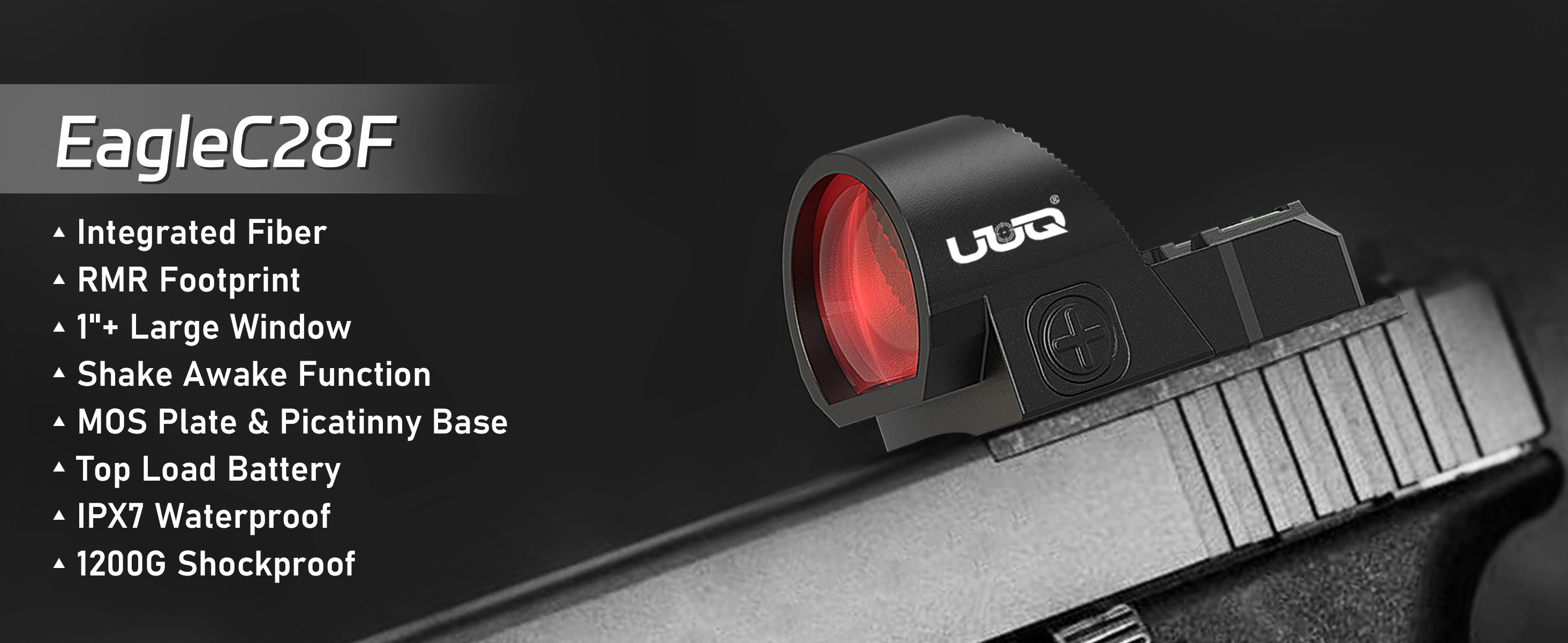 UUQ Eagle C28F Fiber Red Dot Sight, showcasing its main features including integrated fiber, RMR footprint, 1