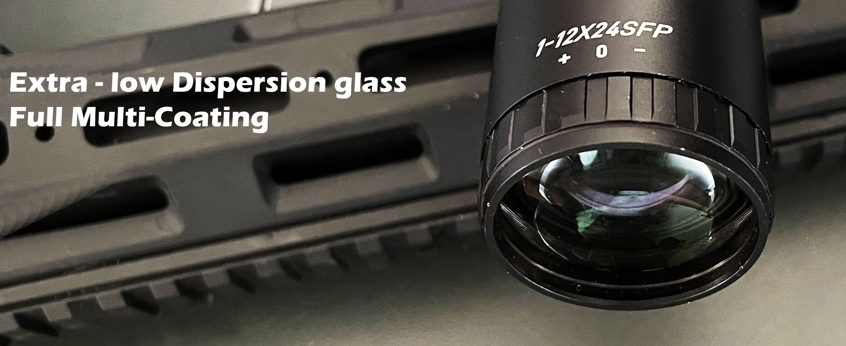 Close-up of the lens of the UUQ Aspire ED 1-12x24 SFP LPVO scope, highlighting extra-low dispersion glass and full multi-coating features.