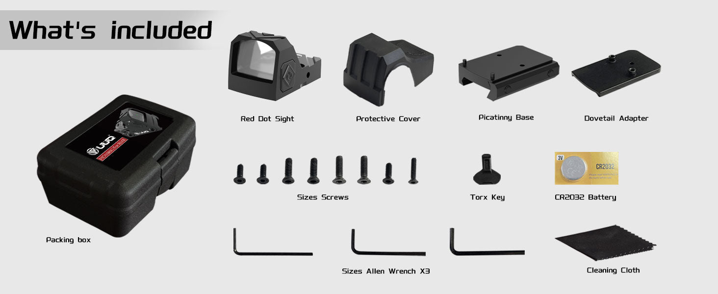 UUQ Green Dot Sight package contents, including the sight itself, protective cover, Picatinny base, dovetail adapter, various screws, Torx key, CR2032 battery, packing box, cleaning cloth, and three sizes of Allen wrenches