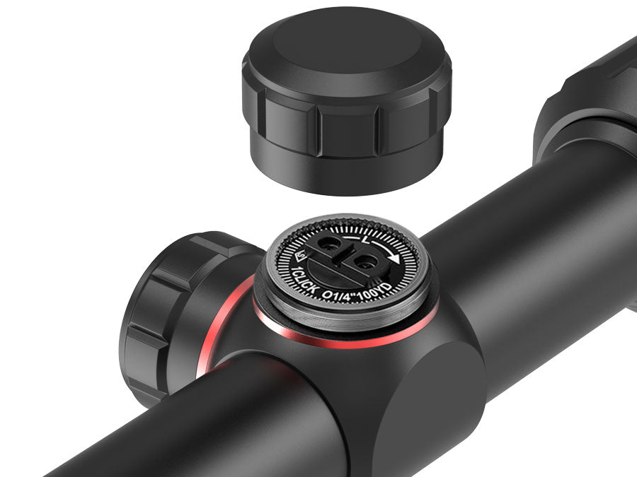UUQ 3-9x32mm rifle scope windage and elevation adjustment knobs, with 1 click equaling 1/4 MOA for precise adjustments. Features thumb-adjustable turrets with audible clicks for easy use.