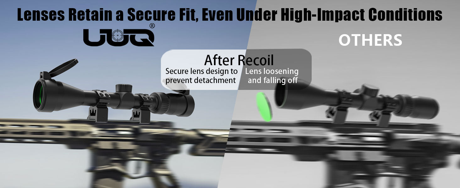 Comparison of UUQ VibeShield Series Rifle Scope and other brands under high impact conditions, showing secure lens design to prevent detachment after recoil.