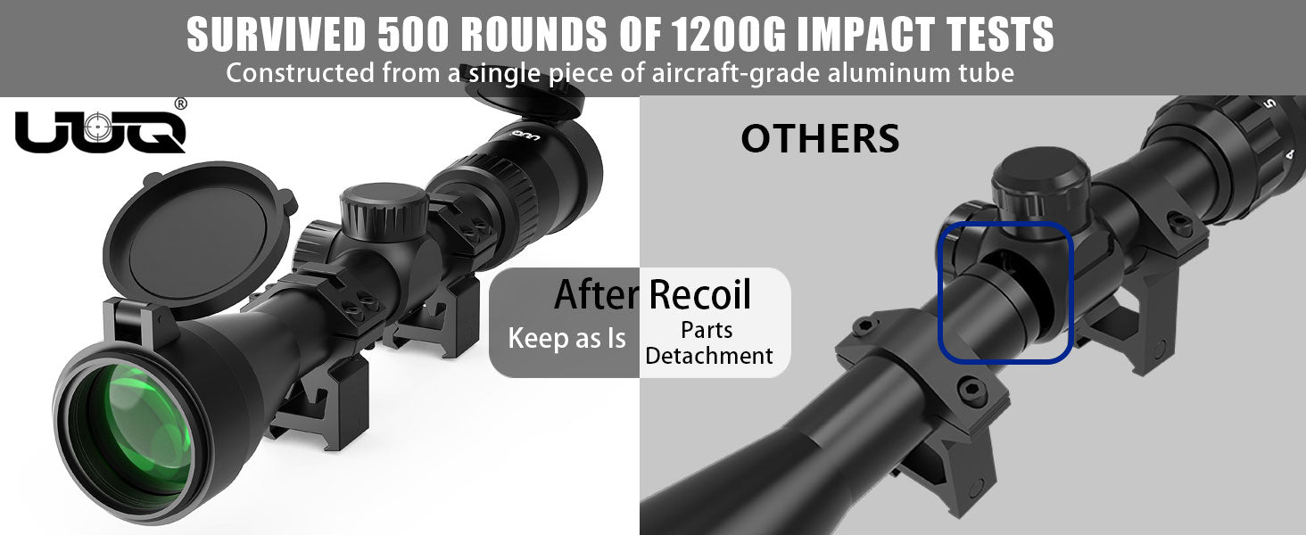 Comparison of UUQ VibeShield Series Rifle Scope and other brands after 500 rounds of 1200G impact tests, showing parts durability with aircraft-grade aluminum tube construction.