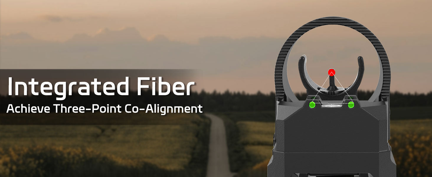 UUQ Eagle C28F Fiber Red Dot Sight showcasing its integrated fiber three-point co-alignment feature, with a blurred field background.