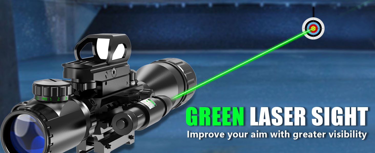 Display showing UUQ 4-12X50 AO scope with green laser sight, improving aim visibility, set against a shooting range background.