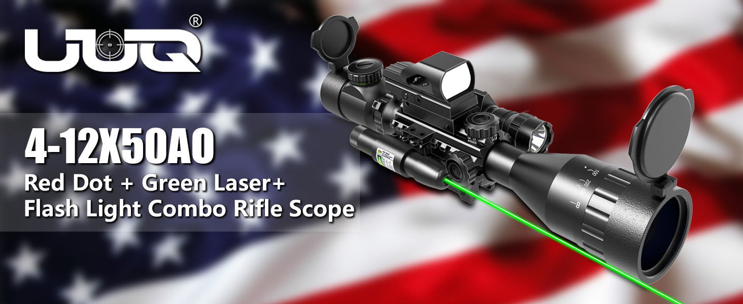 Display showing UUQ 4-12X50 AO Combo Scope with red dot, green laser, and flashlight features, set against a background of the American flag.