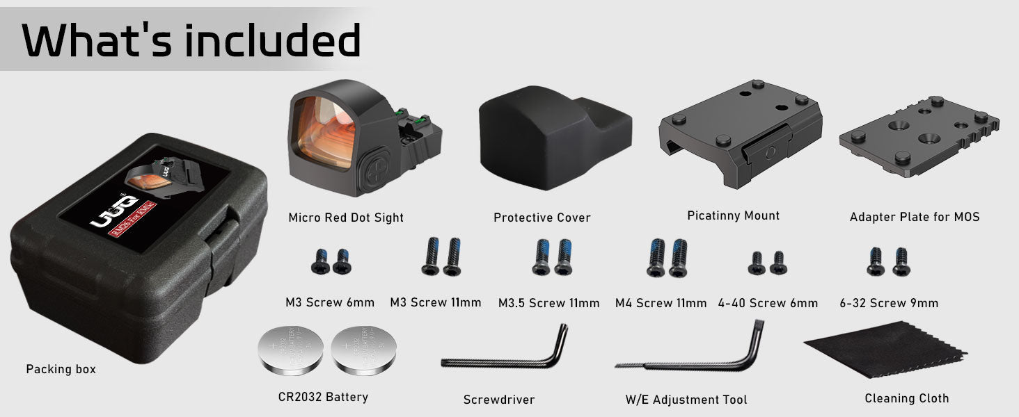 Showing the package contents of the UUQ R26 RMS/RMSc Red Dot Sight, including a micro red dot sight, protective cover, Picatinny mount, adapter plate for MOS, various screws, packing box, CR2032 battery, screwdriver, adjustment tool, and cleaning cloth.