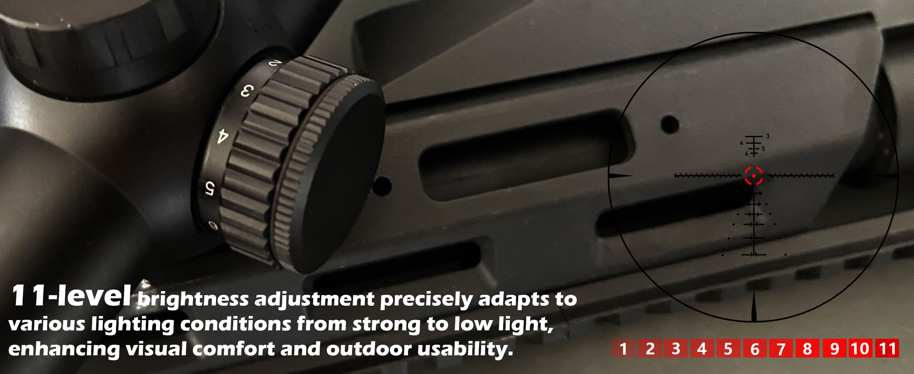 Close-up of the 11-level brightness adjustment knob on the UUQ Aspire ED 1-12x24 SFP LPVO scope, adapting to various lighting conditions for enhanced visual comfort and outdoor usability.