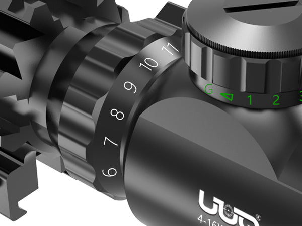 Display showing the magnification adjustment knob and diopter compensation feature of the UUQ 4-12X50 AO scope, with a magnification range of 4X to 16X.