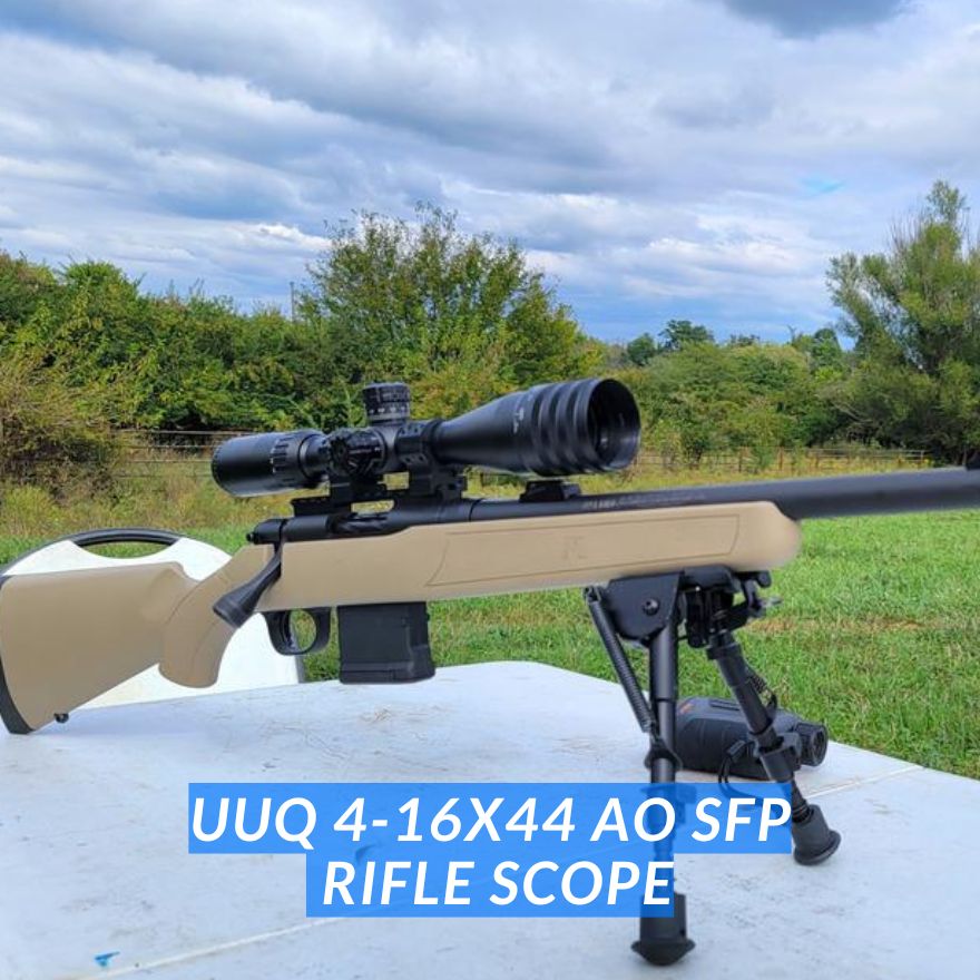 UUQ 4-16X44 AO SFP rifle scope mounted on a rifle