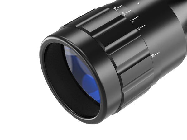 Display showing the objective lens of the UUQ 4-12X50 AO scope, including objective lens diameter, real field of view, exit pupil, and transmission percentage.