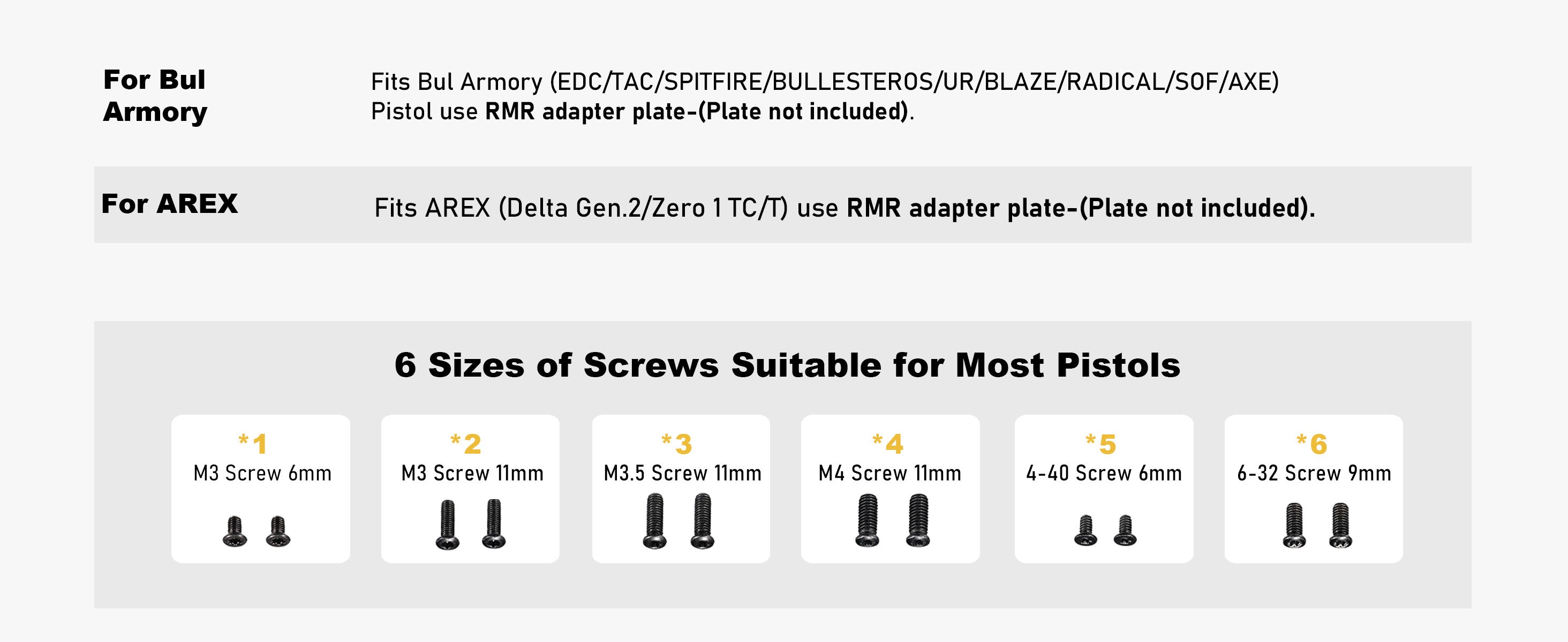 List of Bul Armory and AREX handgun models compatible with RMR red dot sights and six sizes of suitable screws, including M3, M3.5, M4, 4-40, and 6-32 screws.