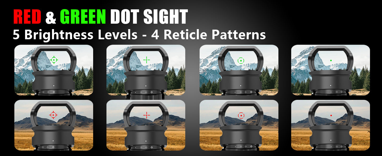 Display showing UUQ red and green dot sight with 5 brightness levels and 4 reticle patterns, set against a mountain landscape background.