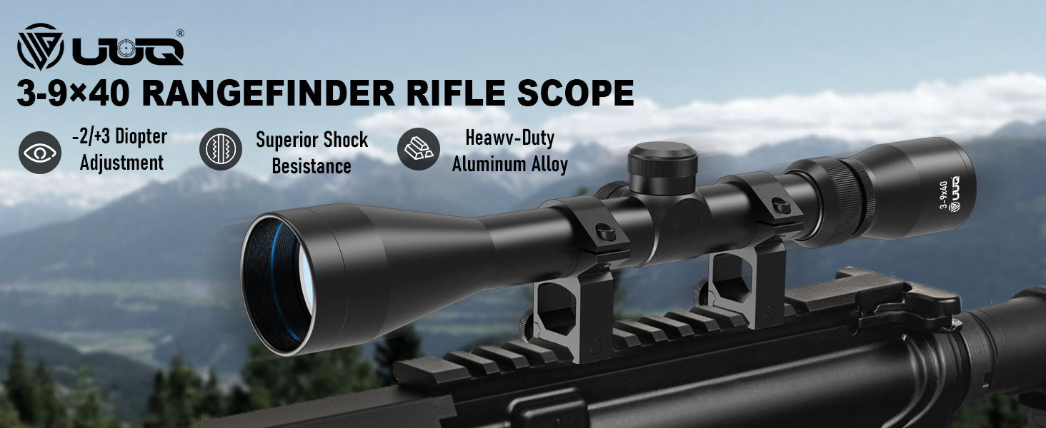 UUQ 3-9x40 rangefinder rifle scope featuring -2/+3 diopter adjustment, superior shock resistance, and heavy-duty aluminum alloy construction.