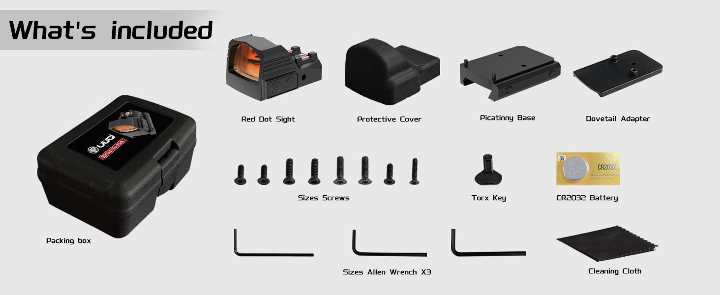 Package contents of the UUQ SA1623 Mini Shake Awake Red Dot Sight, including the red dot sight, protective cover, Picatinny base, dovetail adapter, various size screws, Torx key, CR2032 battery, three sizes of Allen wrench, packing box, and cleaning cloth.