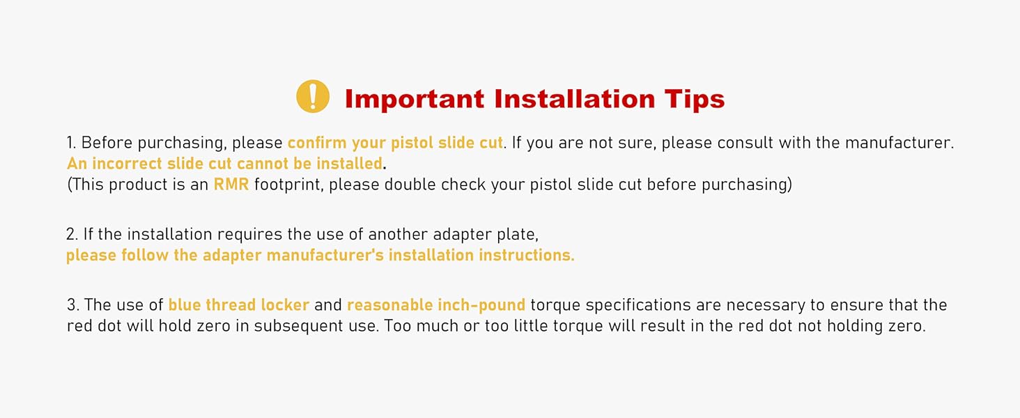 Important installation tips for UUQ red dot sight, including confirming pistol slide cut, following adapter manufacturer's instructions, and using blue thread locker with reasonable torque specifications.