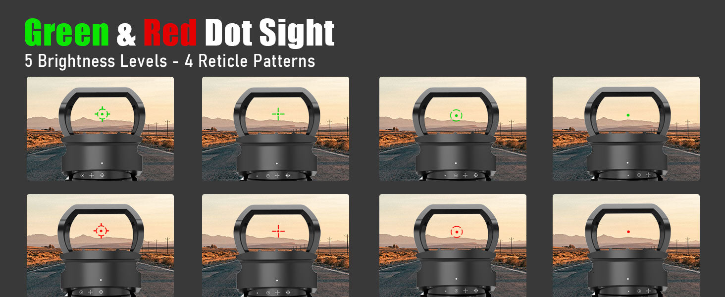 Display showing the green and red dot sight of the UUQ 4-16X50 AO 4 in 1 Combo Scope, featuring 5 brightness levels and 4 different reticle patterns.