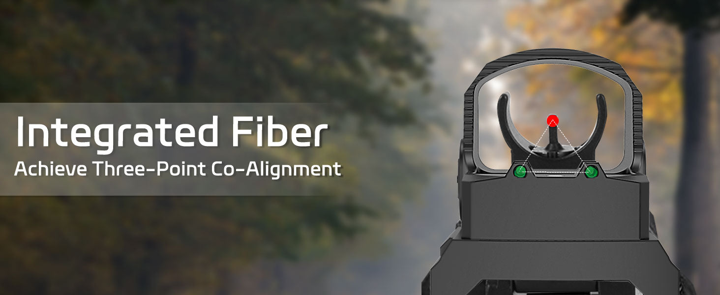 Showcasing UUQ Mini Reflex RMS/RMSc Red Dot Sight with integrated fiber for achieving three-point co-alignment.