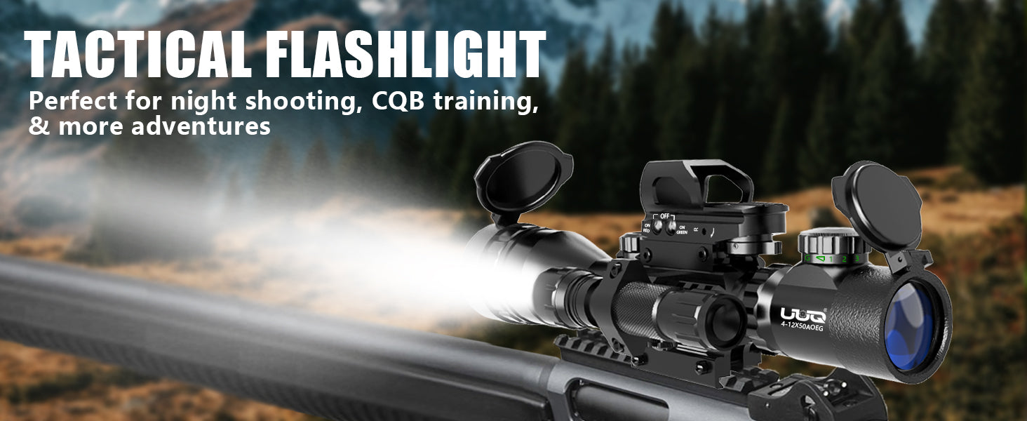 Display showing UUQ 4-12X50 AO scope with tactical flashlight, perfect for night shooting, CQB training, and more adventures, set against an outdoor forest landscape.