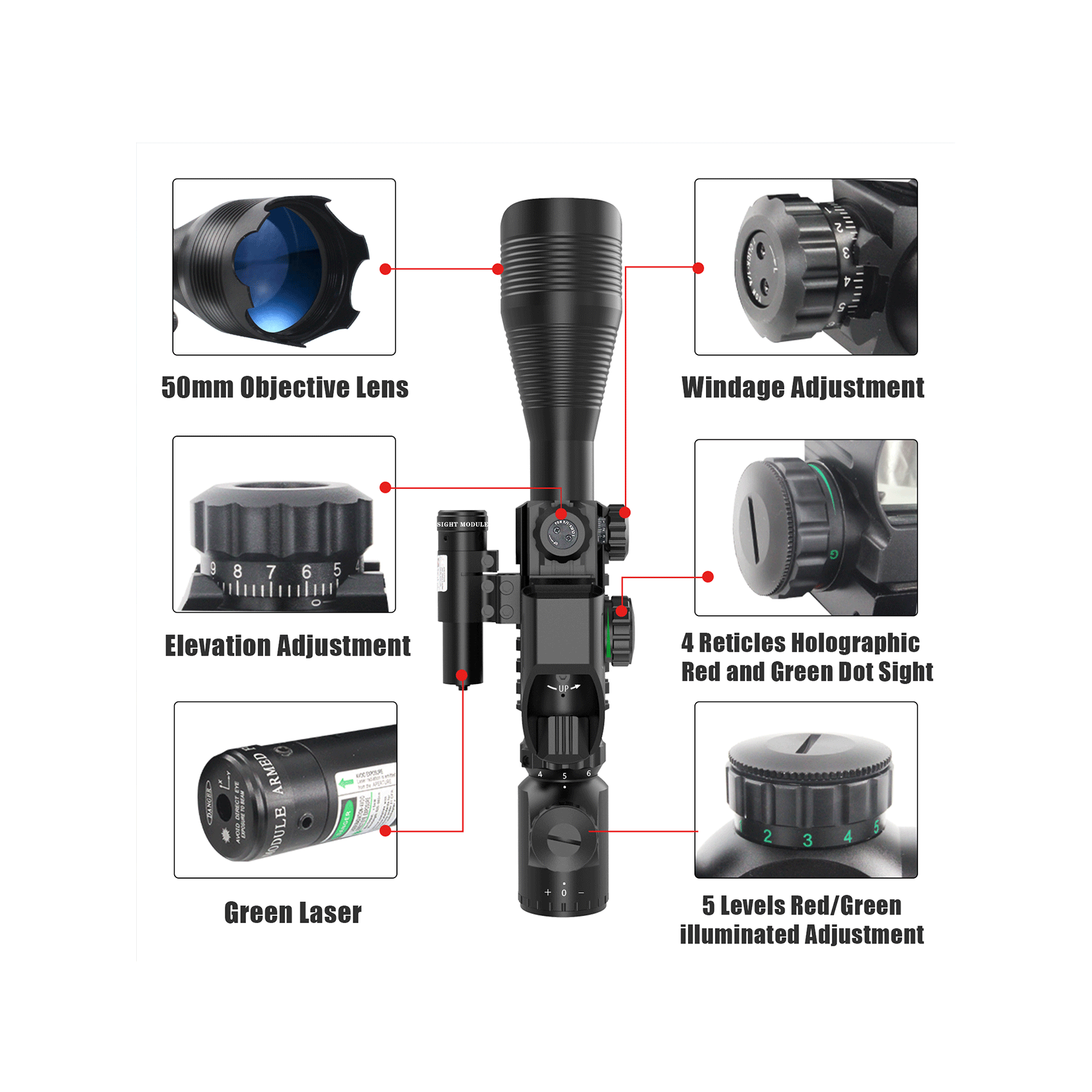 Legion 4-12x50 3 in 1 Combo Scope with Green Laser, detailing objective lens, windage adjustment, and holographic dot sight.